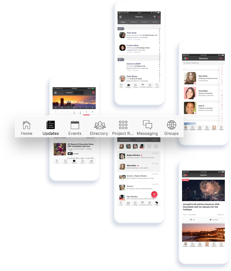  Easily update and manage the features you want to display. Choose the right combination of features for your organization:  Landing Page Updates Events Directory Project Rooms Messaging Groups