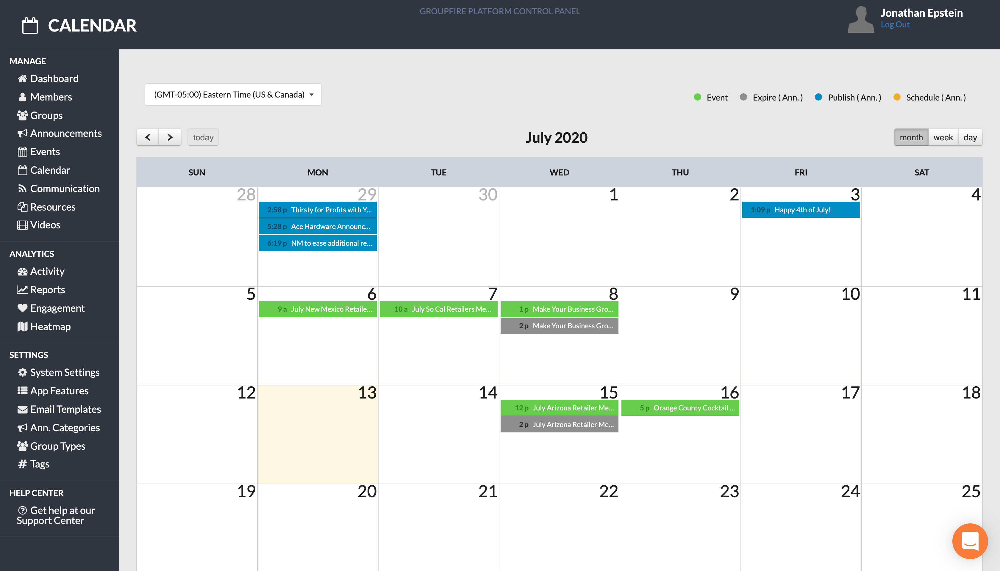 Keep track of all your events and promotions on the organizational calendar